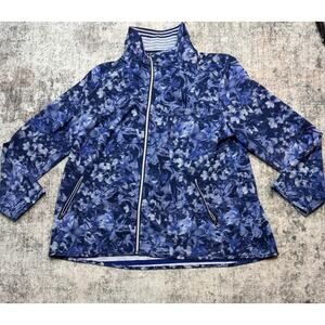 Zernergy by Chico's Women's Blue Floral Print Full Zip Jacket w/ Pockets Size XL
